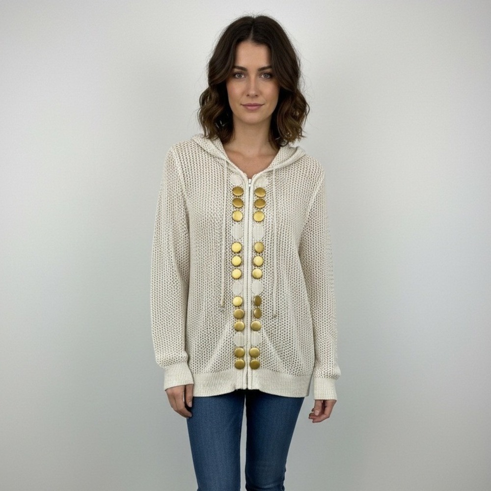 Just B Women‎ Cream Open Knit Metallic Zip Up Hoodie Gold Button Accent Medium